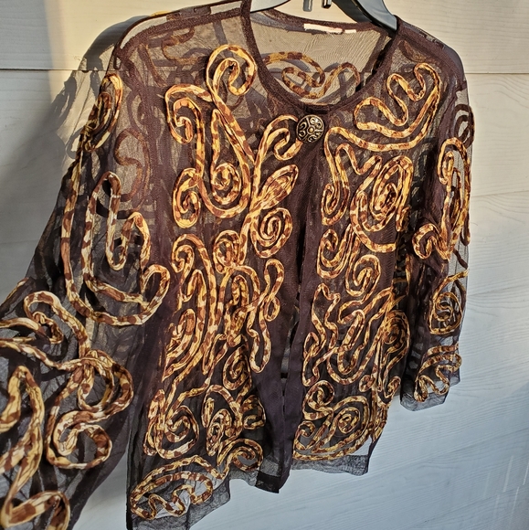 Chico's Brown Sheer Mesh Summer Cardigan w/Sewn-on Animal Print Leopard Swirls - Picture 15 of 16